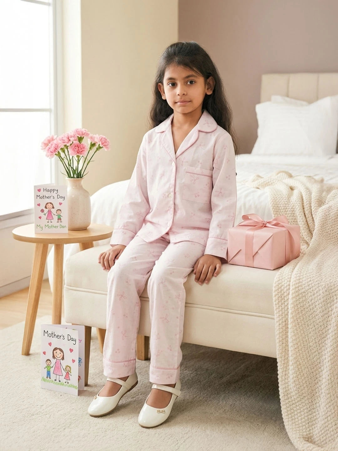 Baby Pink rayon cotton night suit for girls