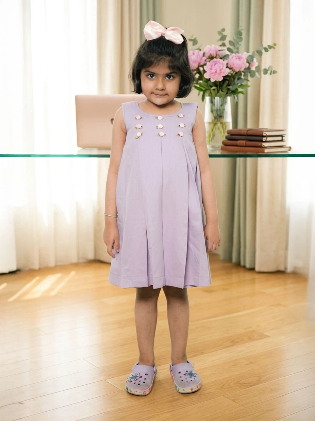 Banana crape mauve color frock with embroidery for girls