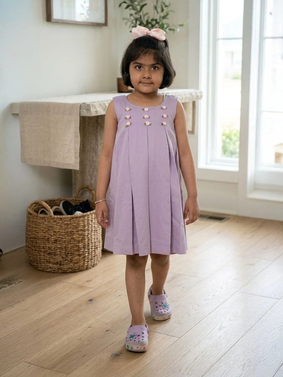 Banana crape mauve color frock with embroidery for girls