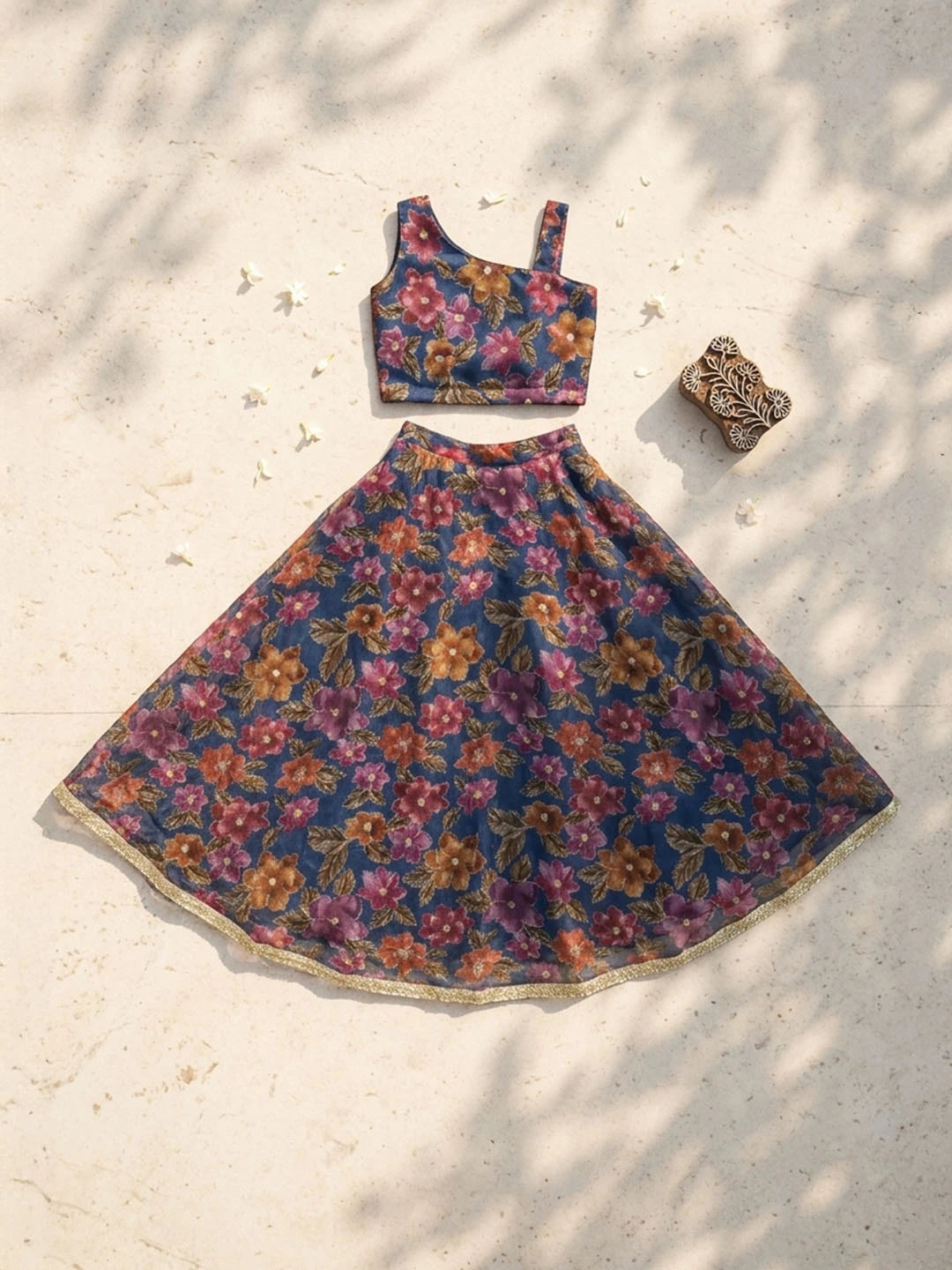 Blue embroidered organza lehenga for girls