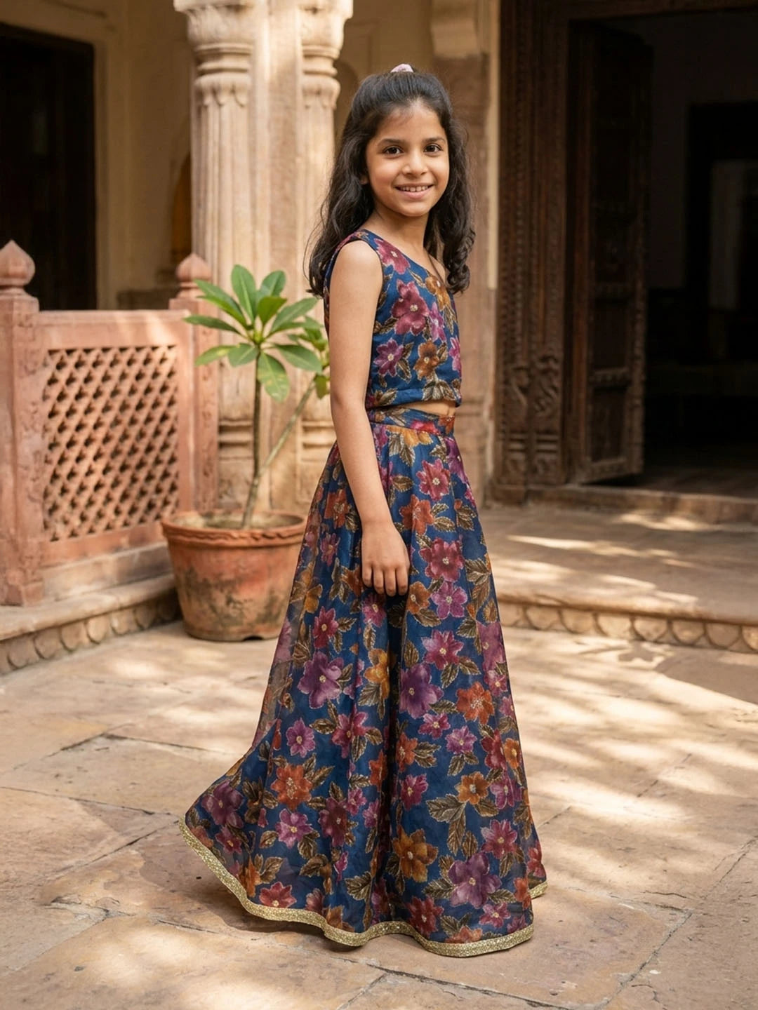Blue embroidered organza lehenga for girls
