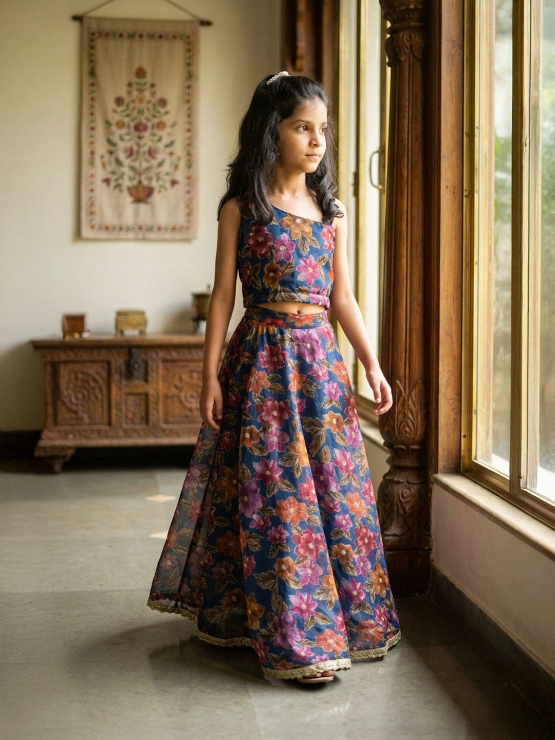 Blue embroidered organza lehenga for girls