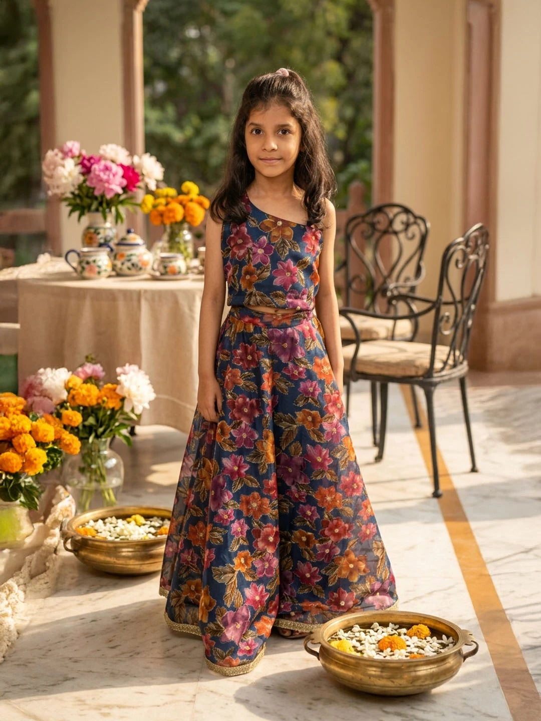 Blue embroidered organza lehenga for girls