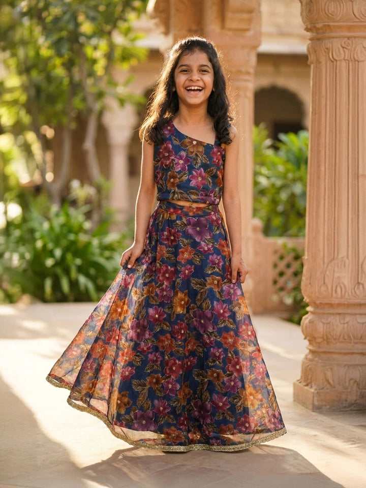 Blue embroidered organza lehenga for girls