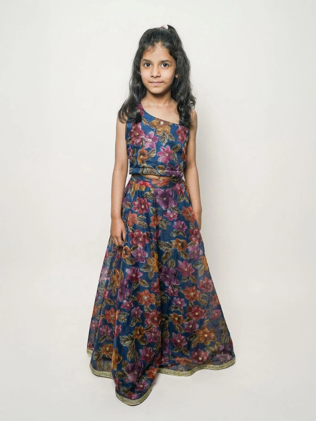 Blue embroidered organza lehenga for girls