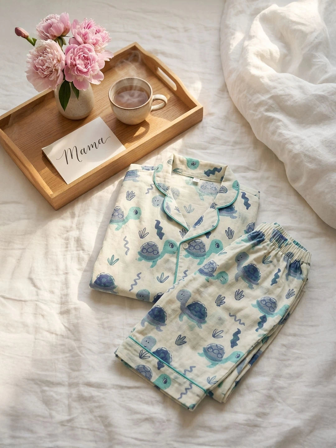 Blue tortoise cotton night suit for kids