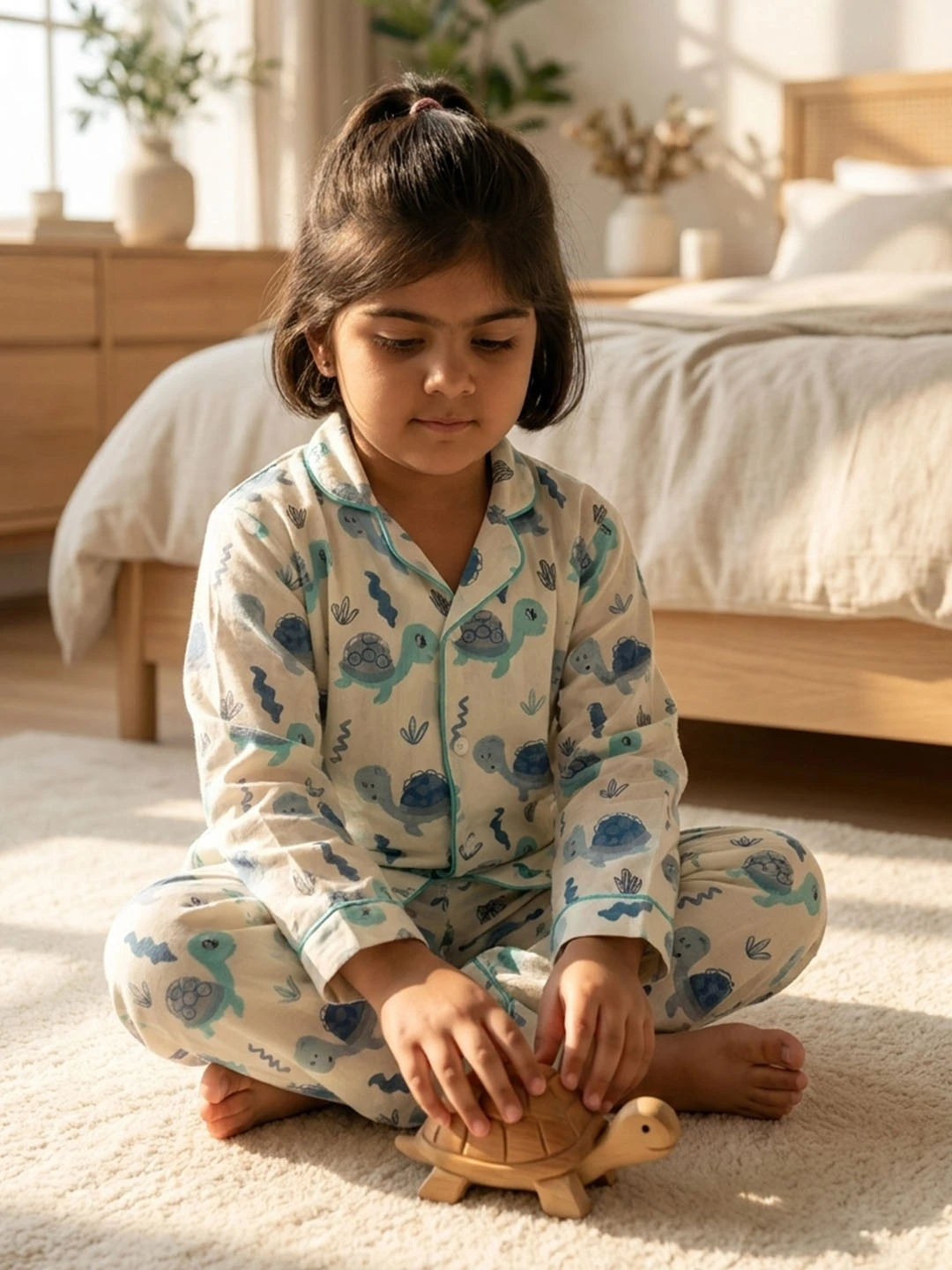 Blue tortoise cotton night suit for kids
