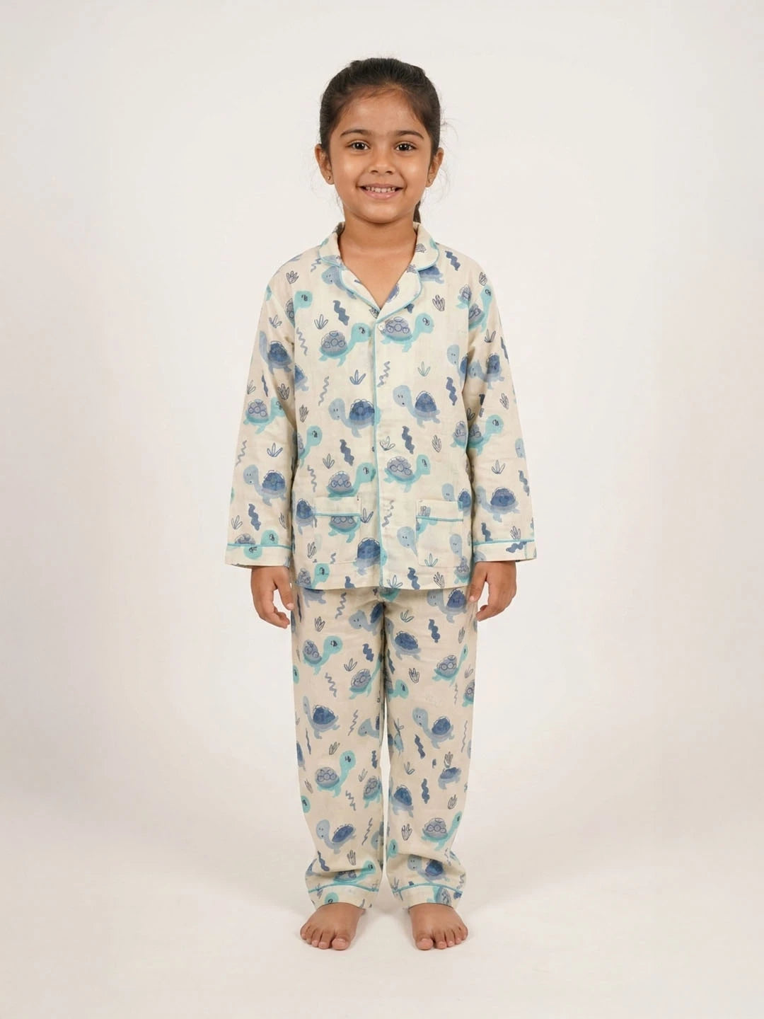Blue tortoise cotton night suit for kids