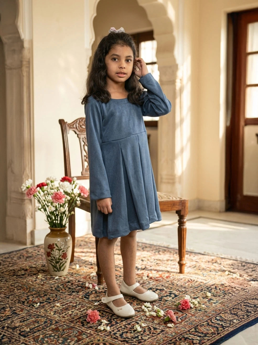 Blue velvet frock for girls