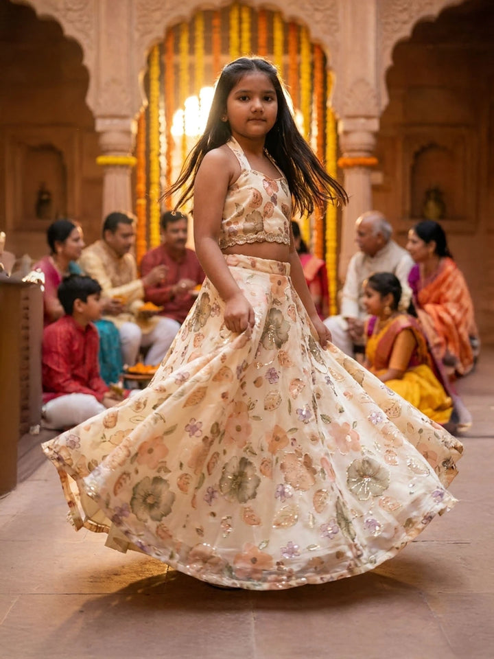 Lehenga with halter neck blouse. Fabric embroidered Jimmy chhoo