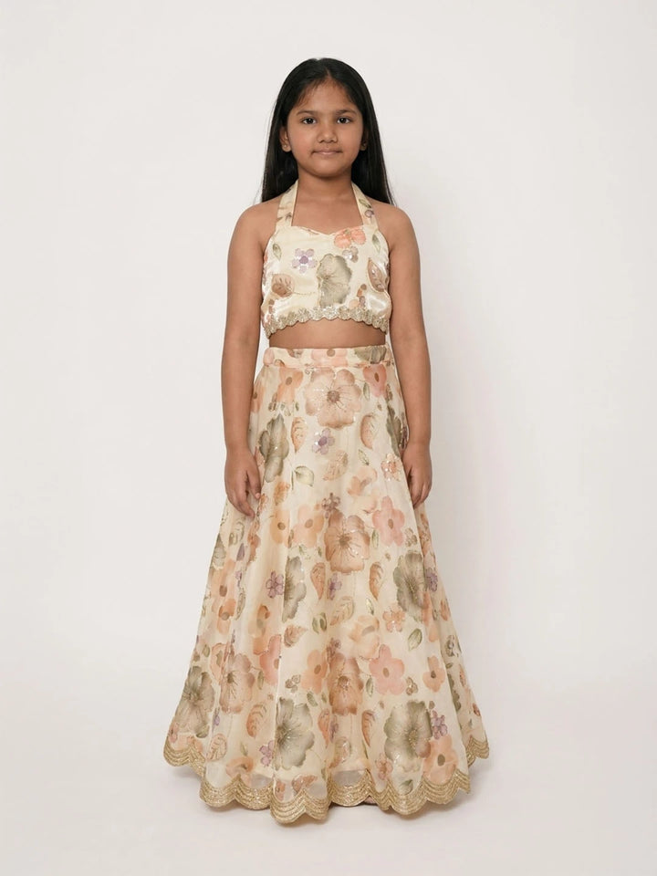 Lehenga with halter neck blouse. Fabric embroidered Jimmy chhoo