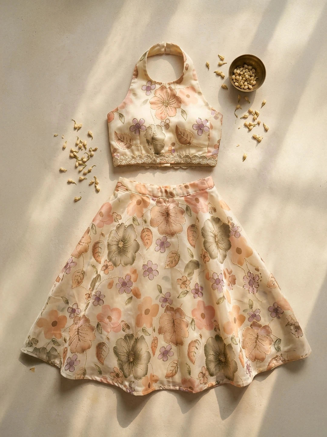Lehenga with halter neck blouse. Fabric embroidered Jimmy chhoo