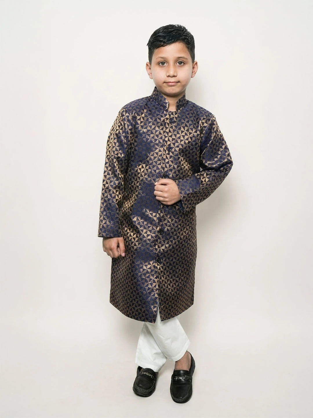 Navy Blue Banarsi brocade sherwani for boys