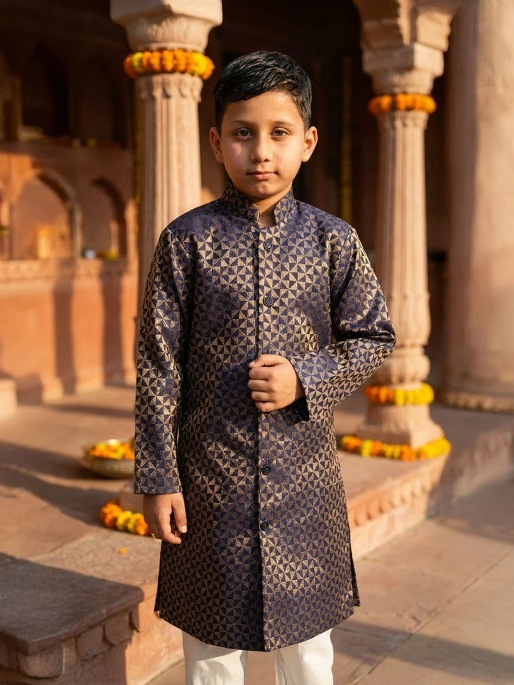 Navy Blue Banarsi brocade sherwani for boys