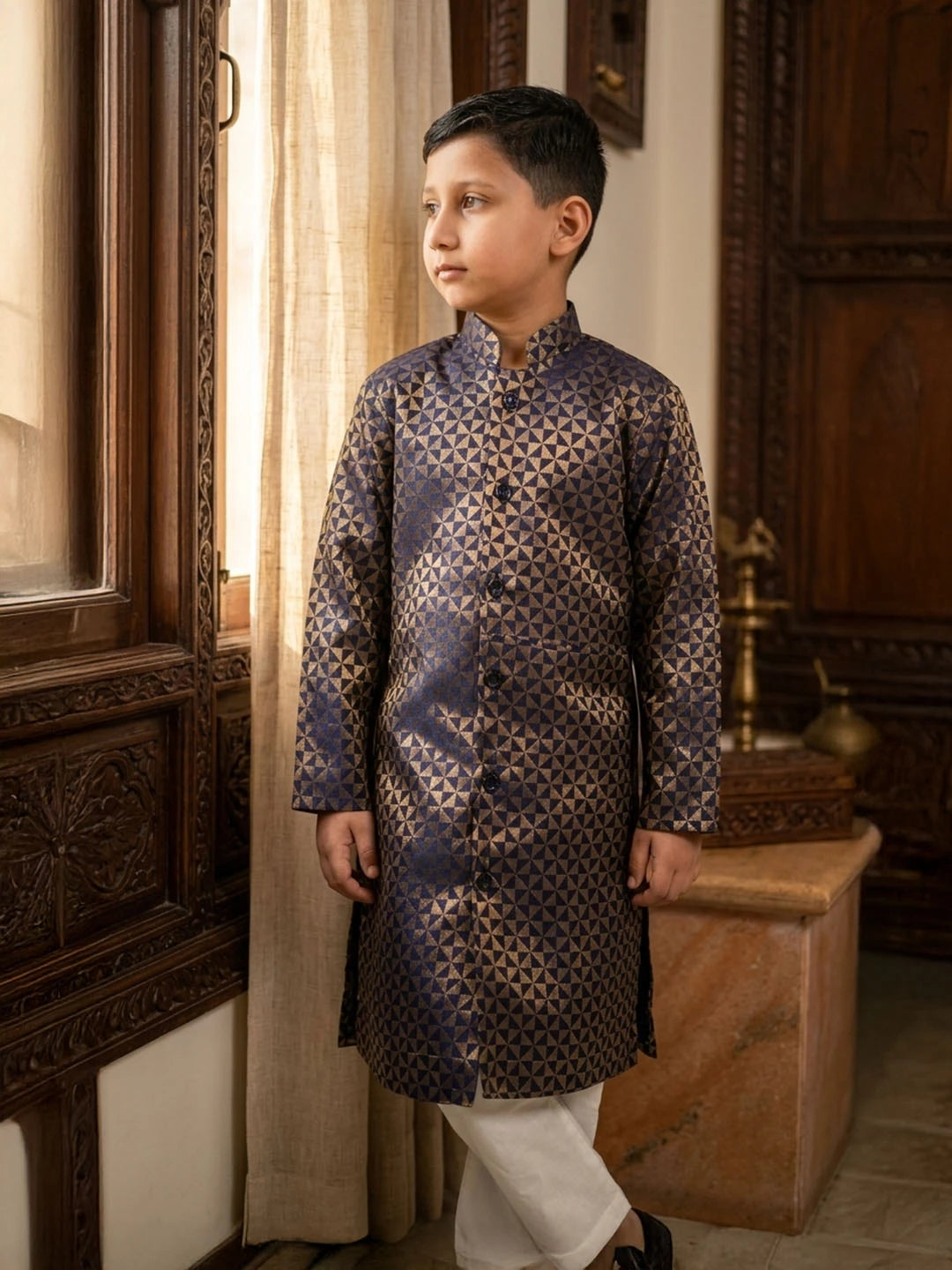 Navy Blue Banarsi brocade sherwani for boys