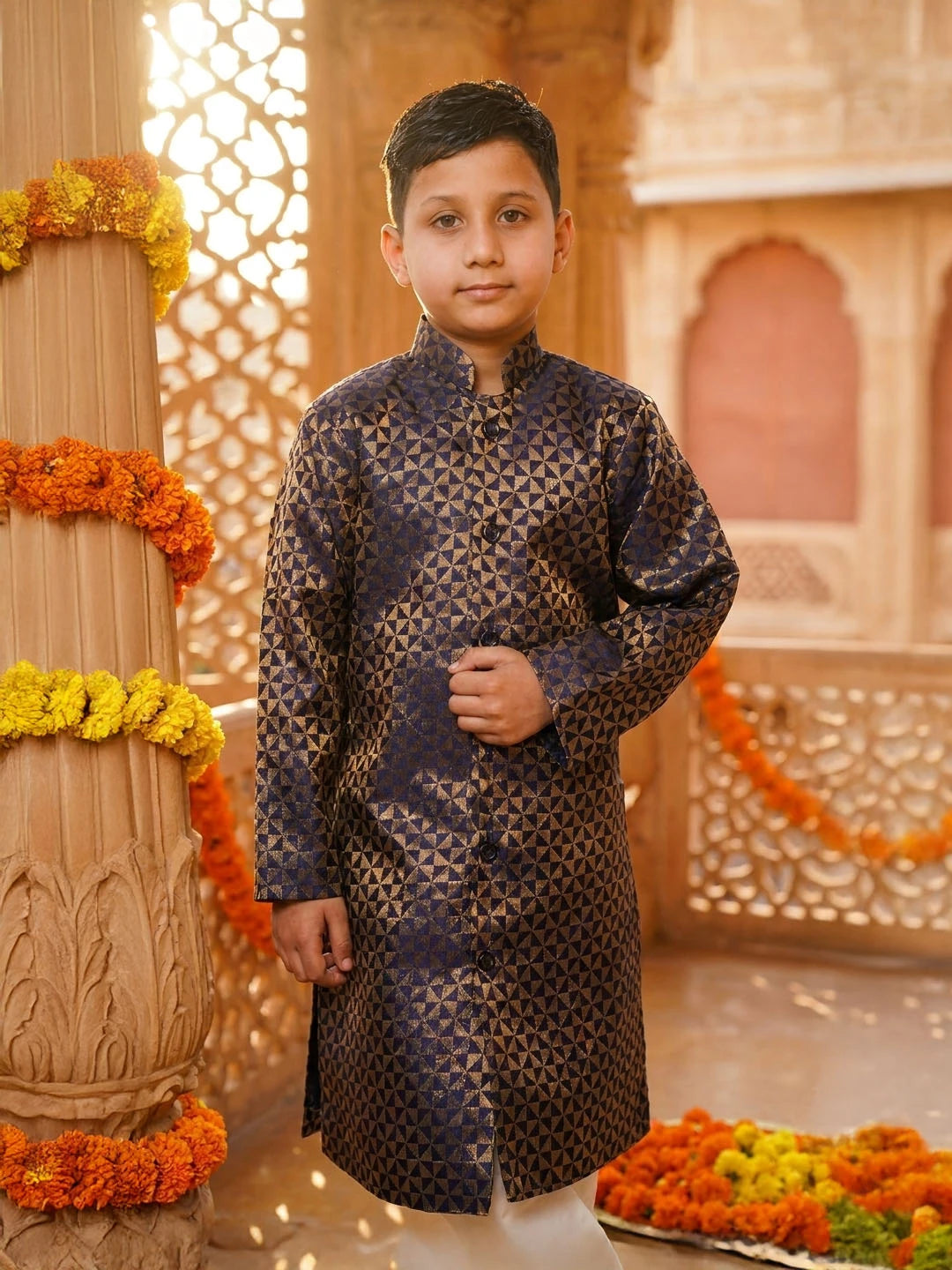 Navy Blue Banarsi brocade sherwani for boys