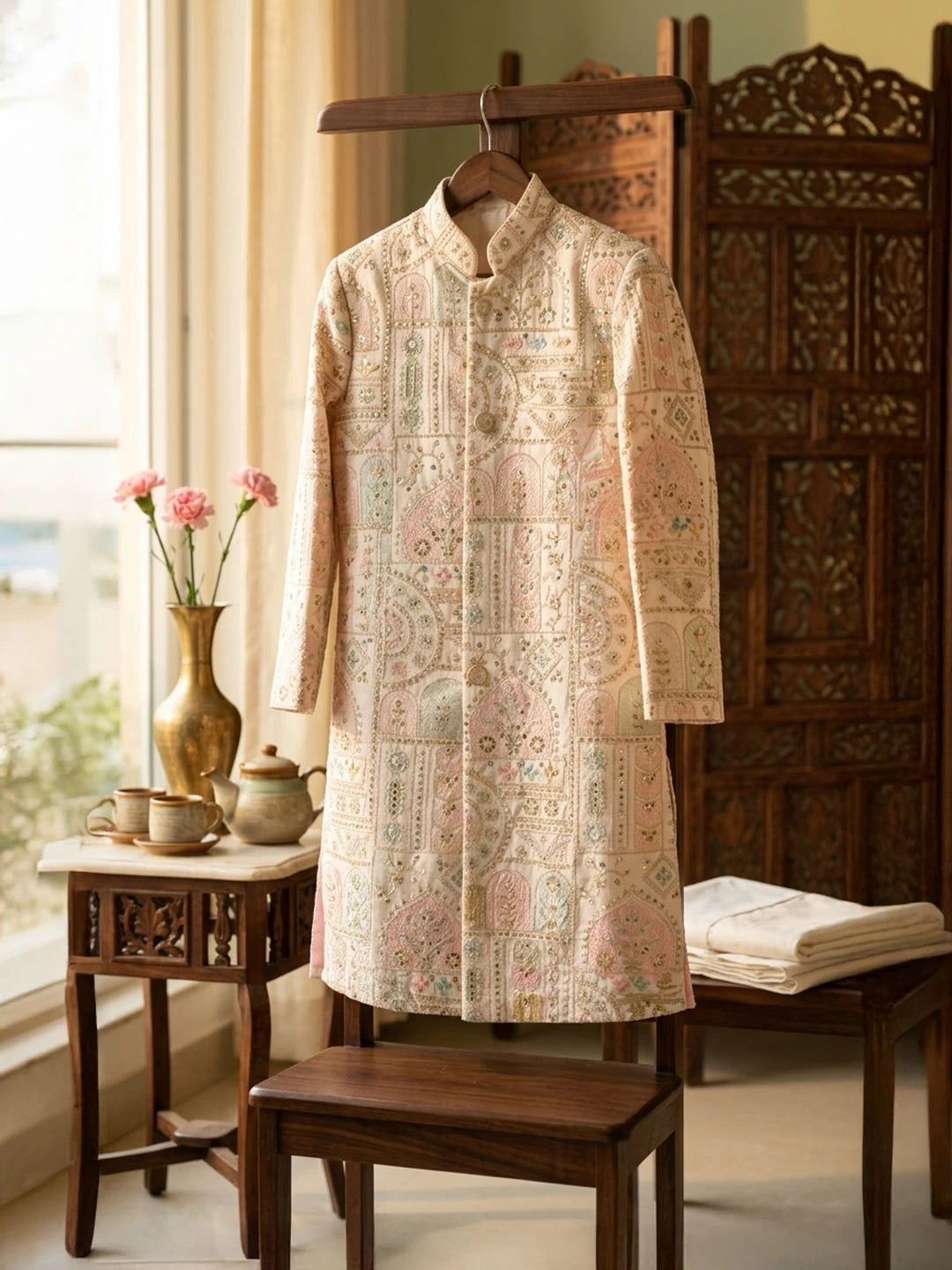 Pink embroidered sherwani for boys