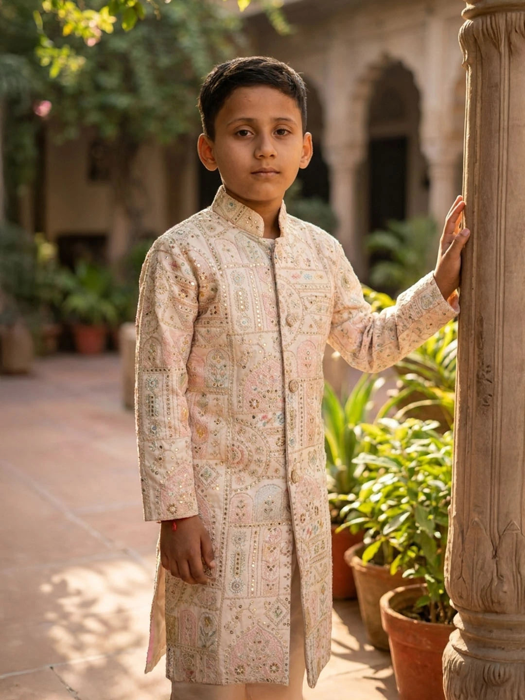 Pink embroidered sherwani for boys