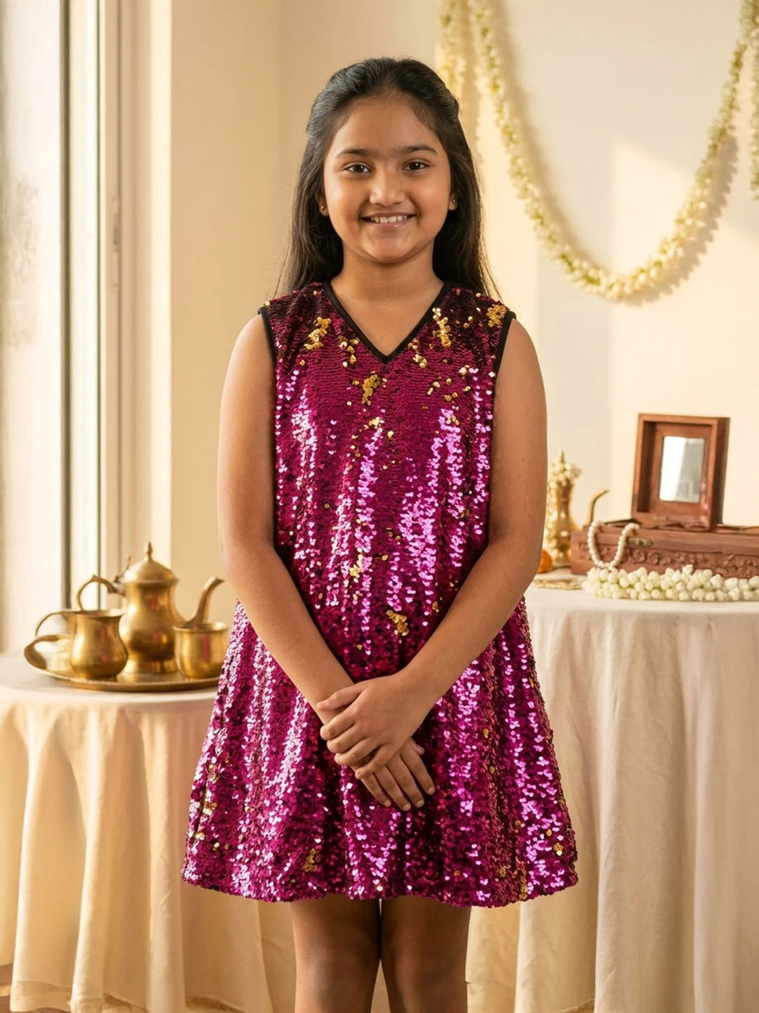 Pink sequins party wear frock for girls