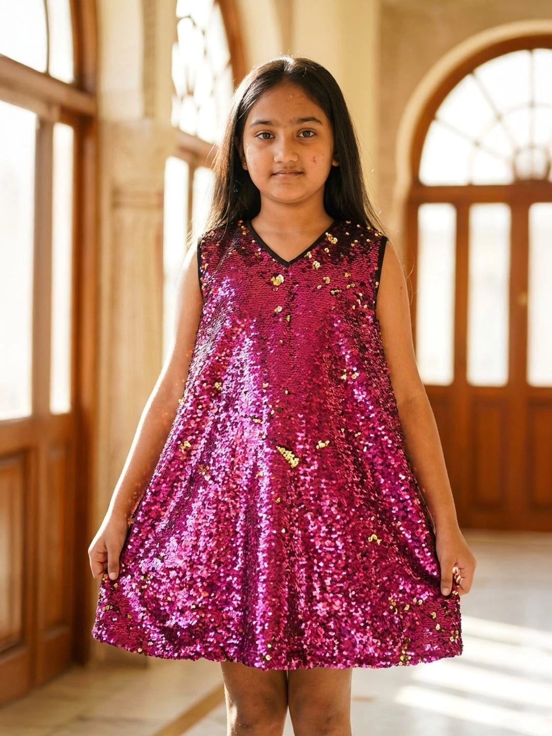 Pink sequins party wear frock for girls