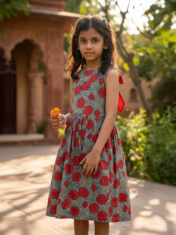 Pure cotton hand block frock for girls