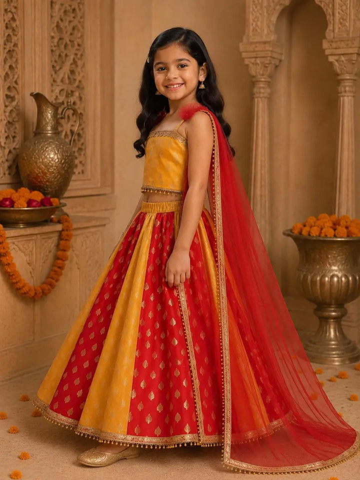 Rangilo Lehenga – Red & Yellow Banarasi Lehenga for Girls