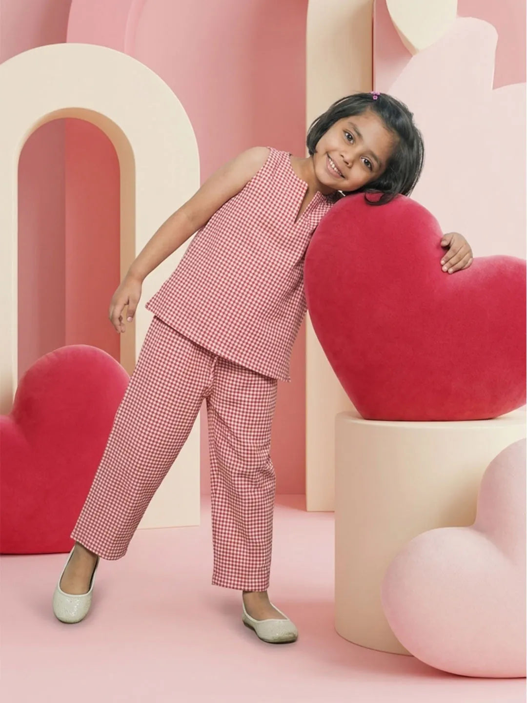 Red and White check coord set for girls
