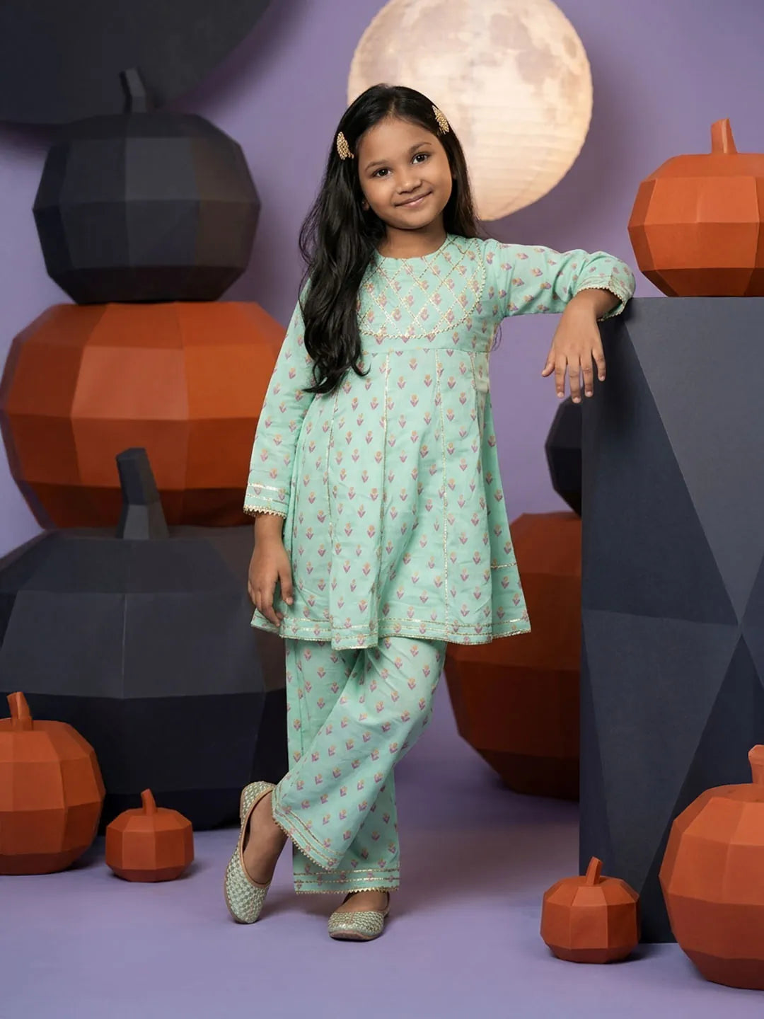 Sea green cotton suit for girls