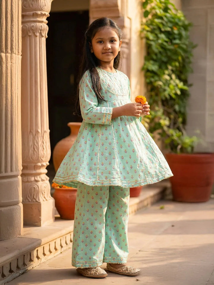 Sea green cotton suit for girls