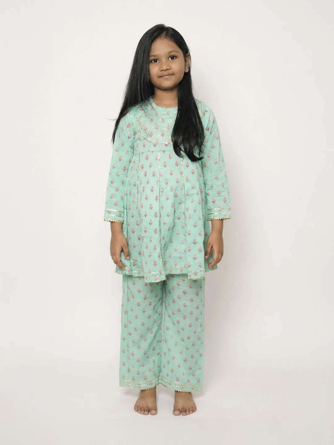 Sea green cotton suit for girls