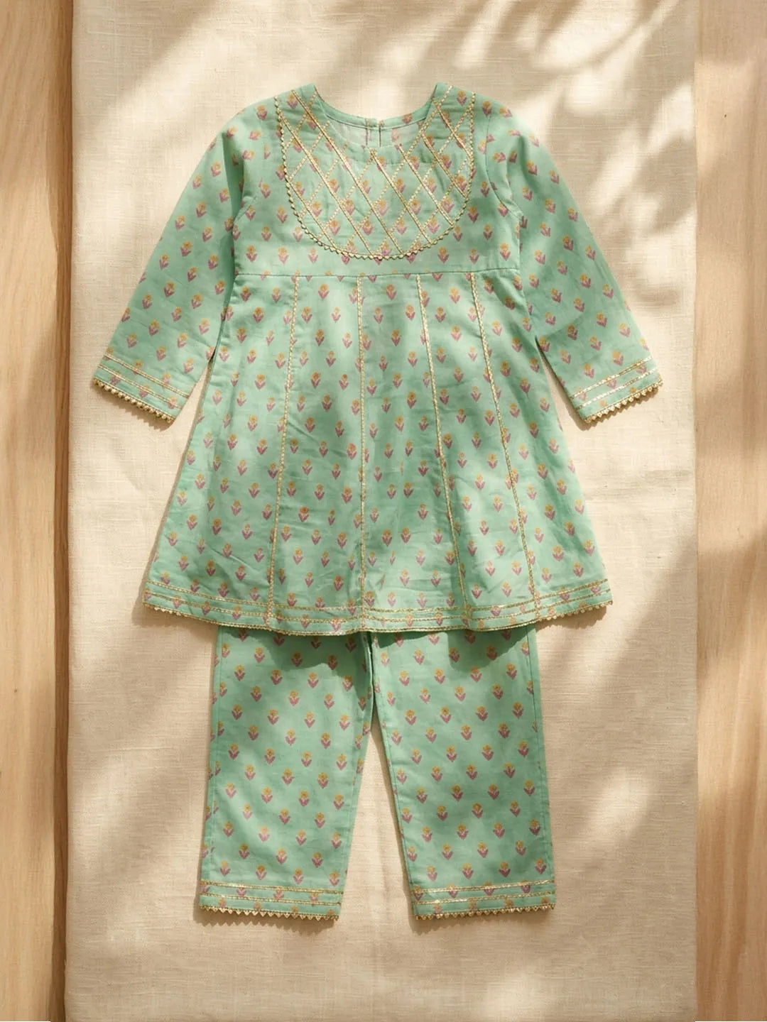 Sea green cotton suit for girls