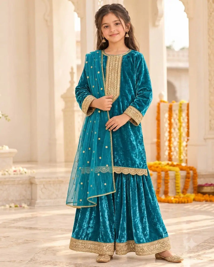 Peacock Teal Velvet Embroidered Kurta Sharara Set with Dupatta
