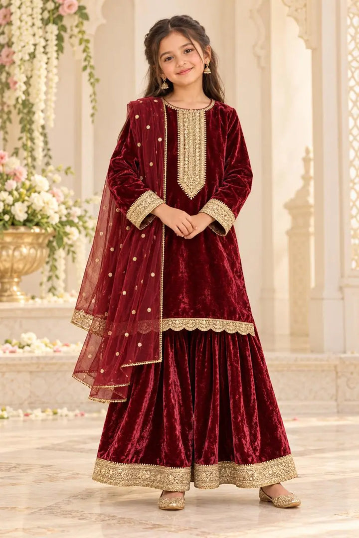 Burgundy Maroon Velvet Embroidered Kurta Sharara Set with Dupatta