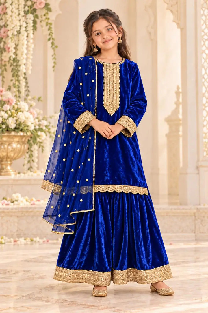 Royal Blue Velvet Embroidered Kurta Sharara Set with Dupatta