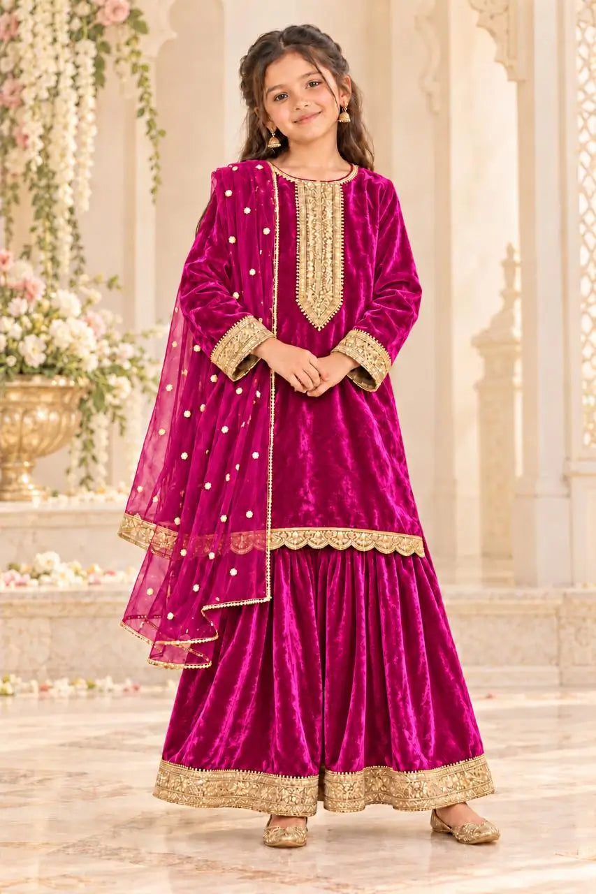 Fuchsia Pink Velvet Embroidered Kurta Sharara Set with Dupatta