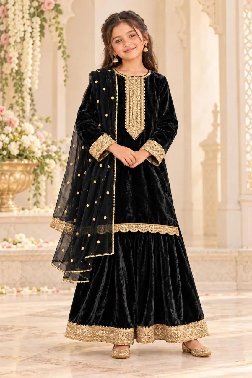 Classic Black Velvet Embroidered Kurta Sharara Set with Dupatta