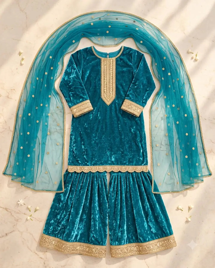 Peacock Teal Velvet Embroidered Kurta Sharara Set with Dupatta