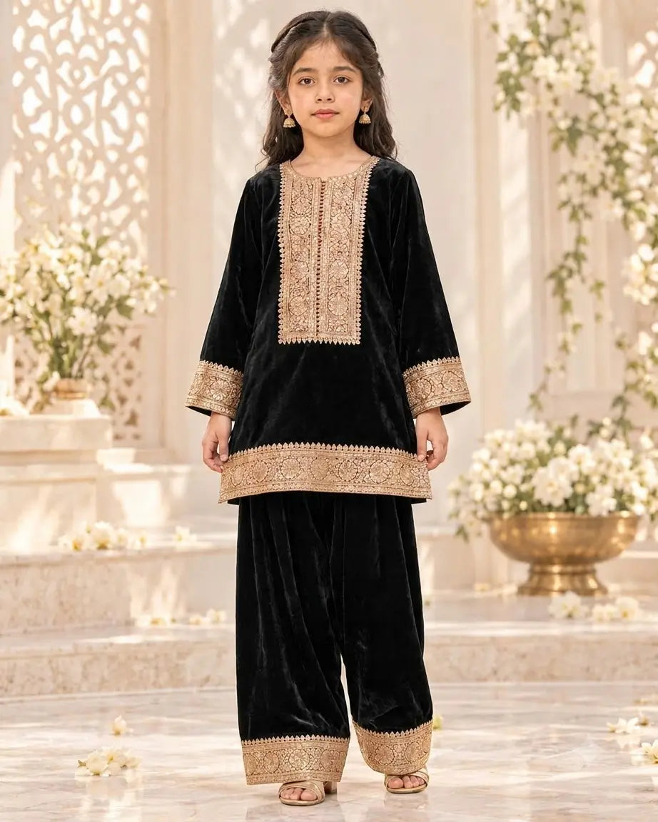 Classic Black Velvet Embroidered Kurta with Sharara Pants
