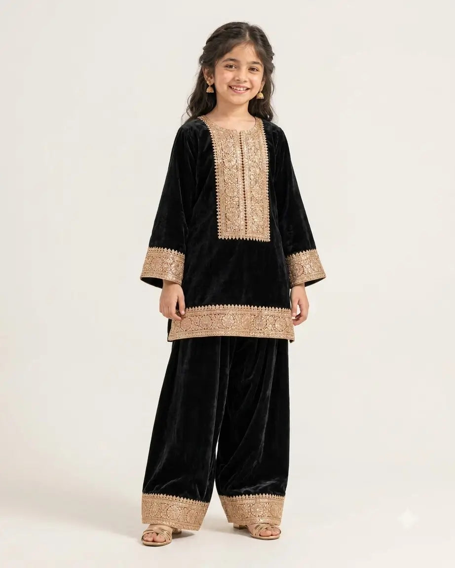 Classic Black Velvet Embroidered Kurta with Sharara Pants