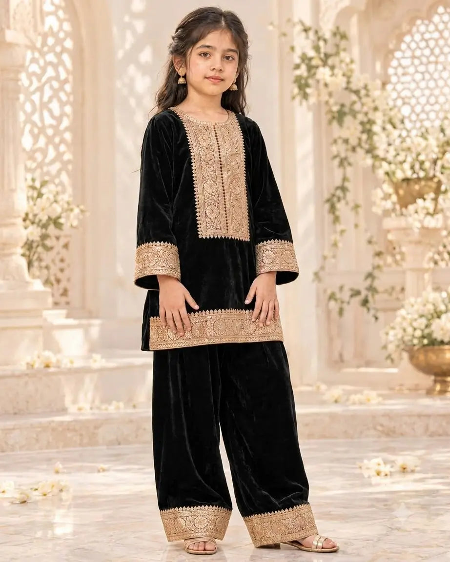 Classic Black Velvet Embroidered Kurta with Sharara Pants