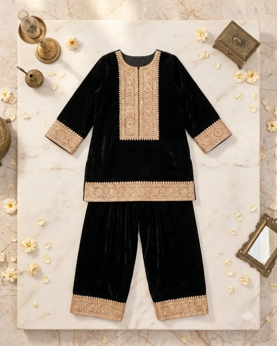 Classic Black Velvet Embroidered Kurta with Sharara Pants
