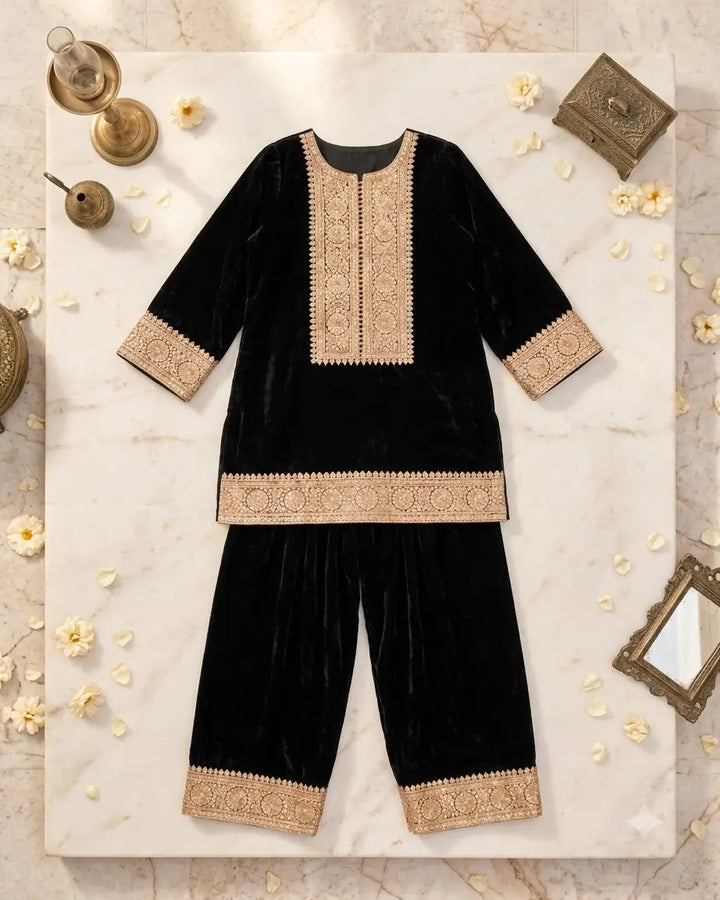Classic Black Velvet Embroidered Kurta with Sharara Pants