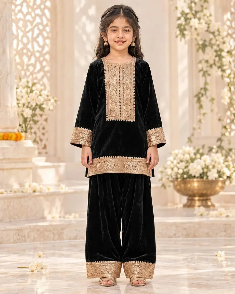 Classic Black Velvet Embroidered Kurta with Sharara Pants