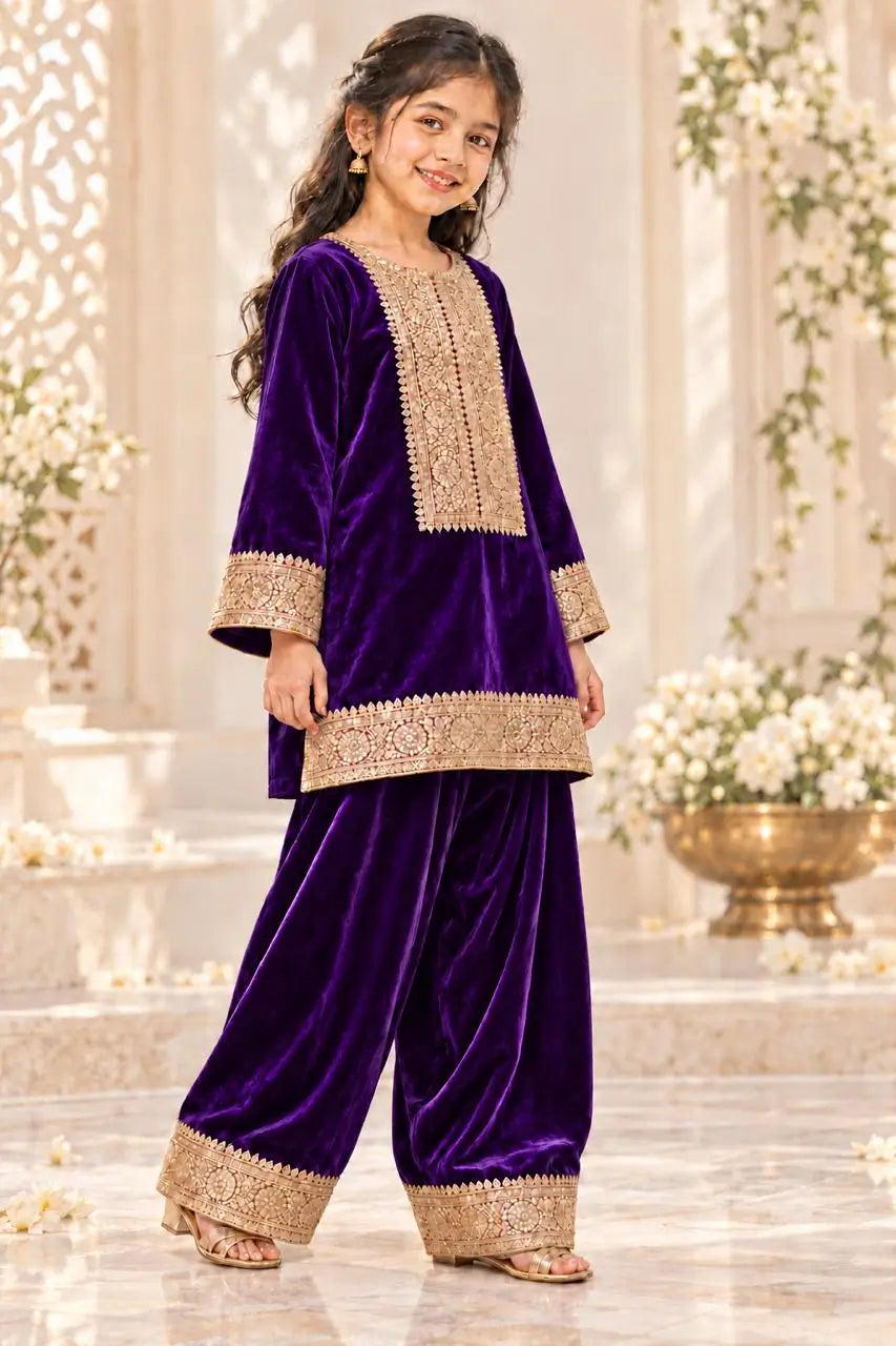 Deep Royal Purple Velvet Embroidered Kurta with Sharara Pants