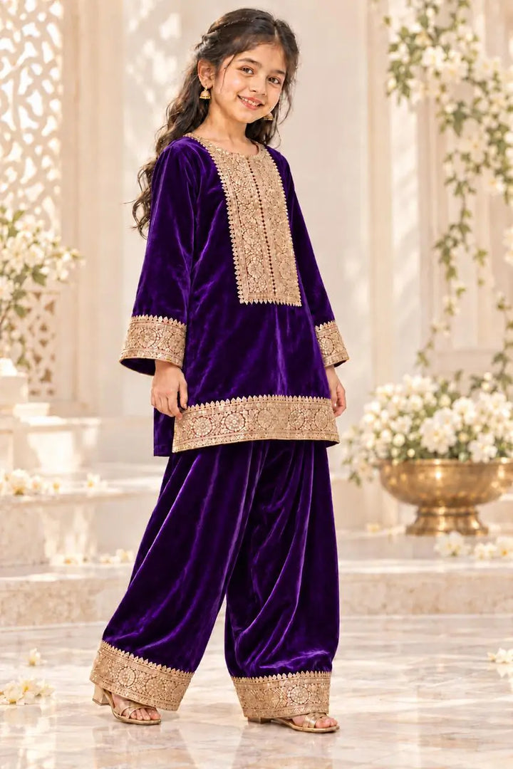 Deep Royal Purple Velvet Embroidered Kurta with Sharara Pants