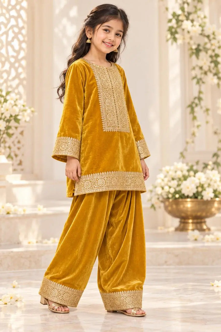 Mustard Gold Velvet Embroidered Kurta with Sharara Pants