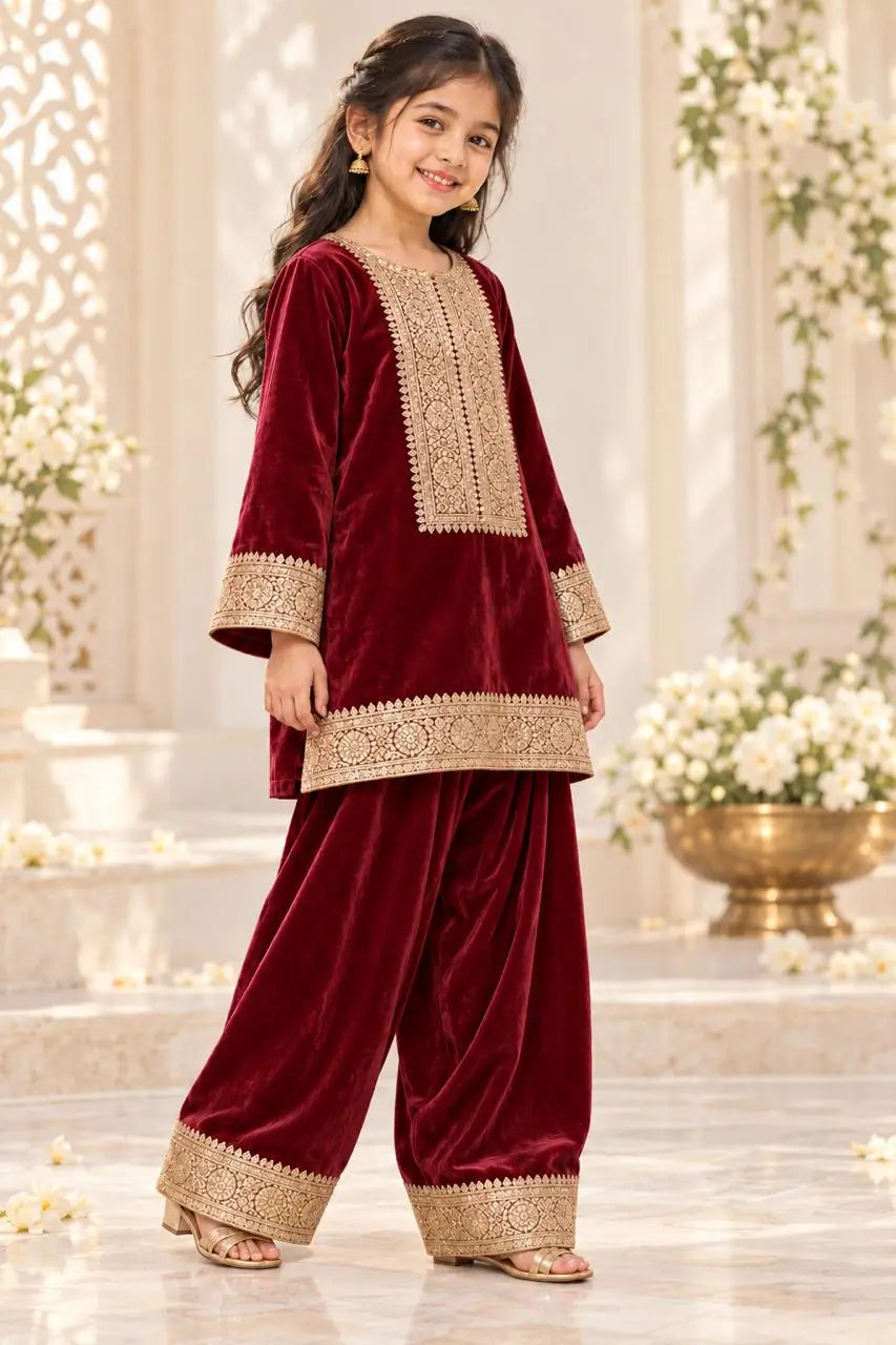 Burgundy Maroon Velvet Embroidered Kurta with Sharara Pants