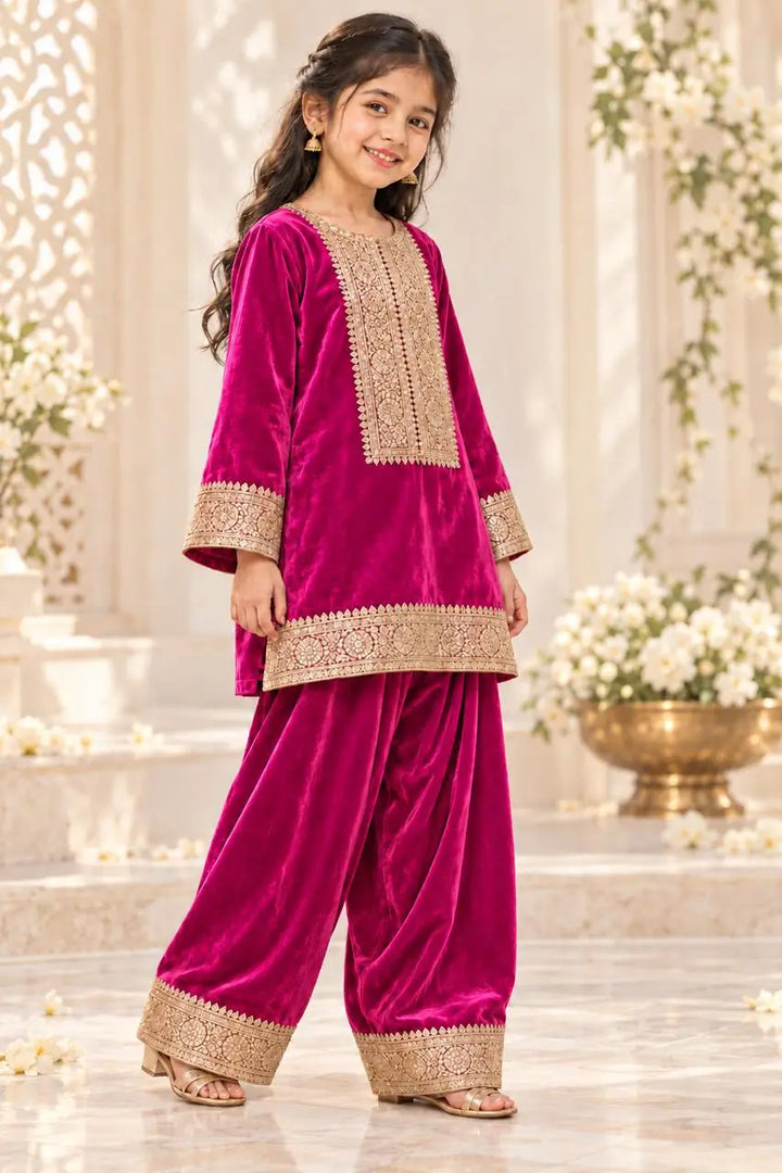 Fuchsia Pink Velvet Embroidered Kurta with Sharara Pants