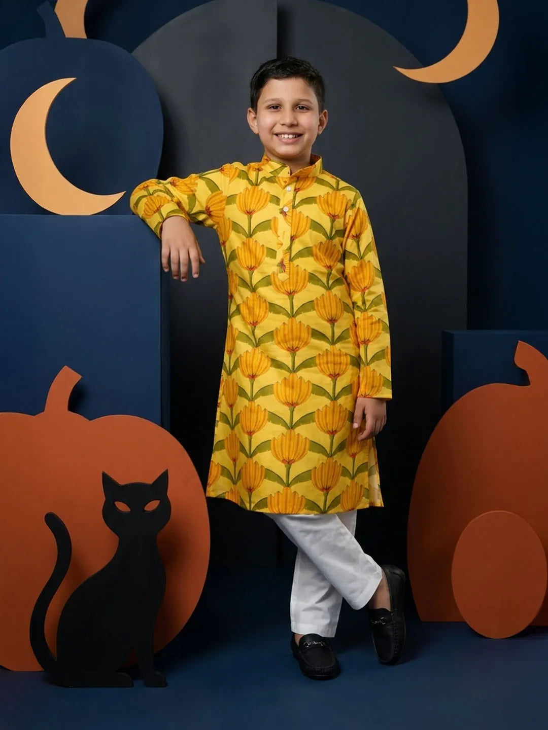 Yellow Floral Cotton Kurta Pajama Boys