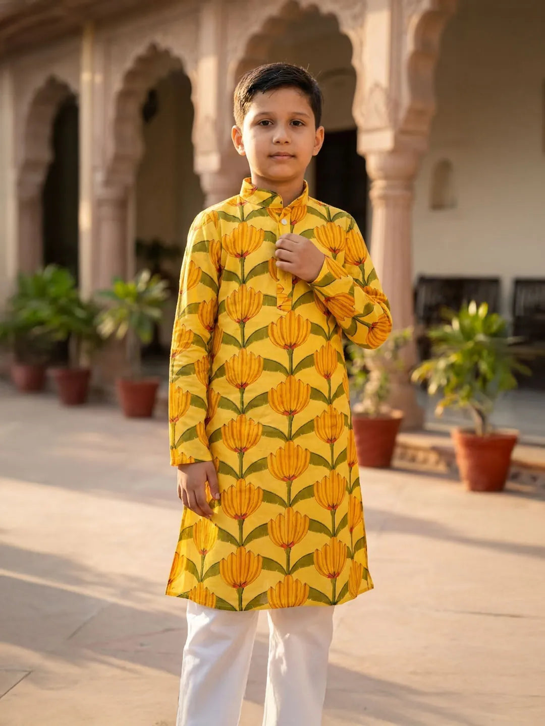 Yellow Floral Cotton Kurta Pajama Boys